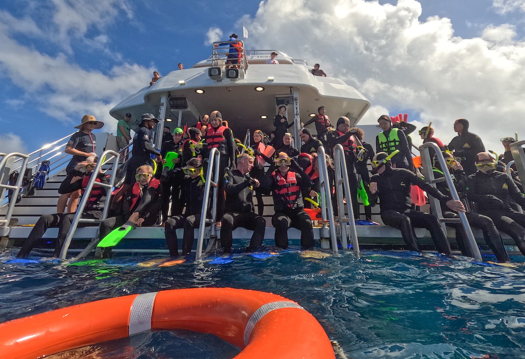 The snorkel step at the back of the boat